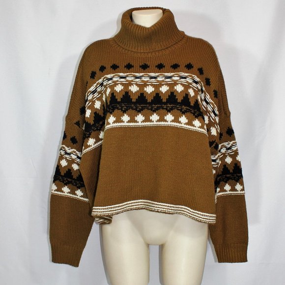 Oak and Ivy knit sweater brown with geometric pattern oversize turtleneck Medium - Picture 3 of 8